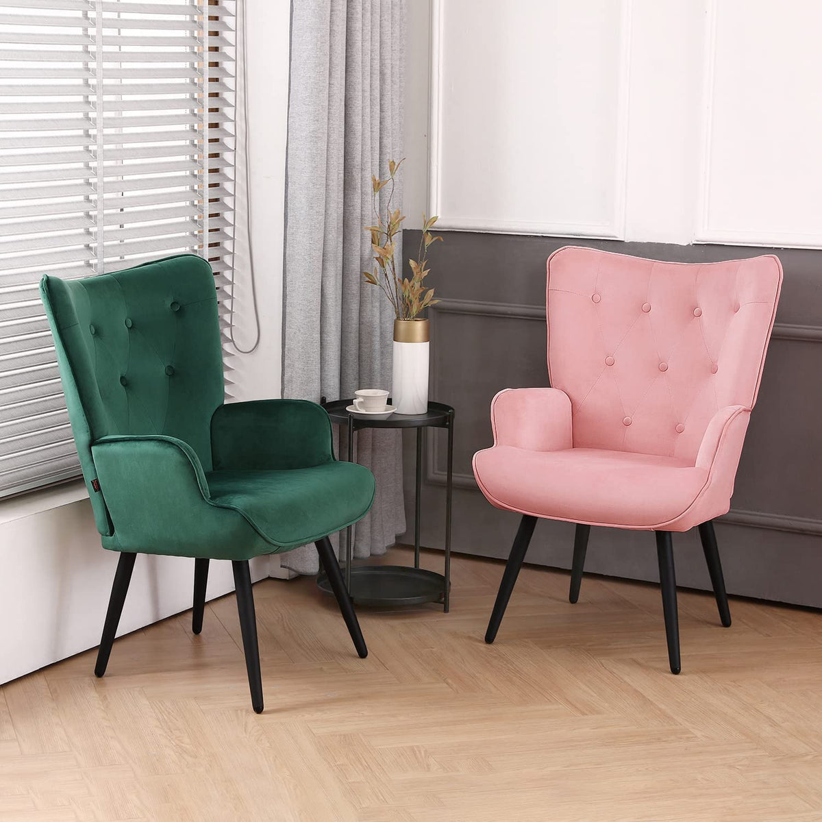 Pink Velvet Tufted Wingback Accent Chair with Solid Metal Legs V161594
