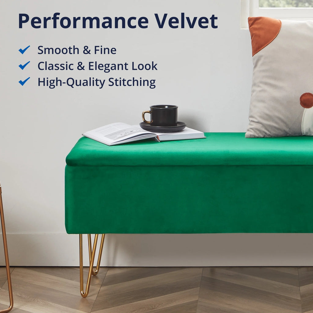 Emerald Green Velvet Storage Bench with Gold Finished Pin Legs R73116