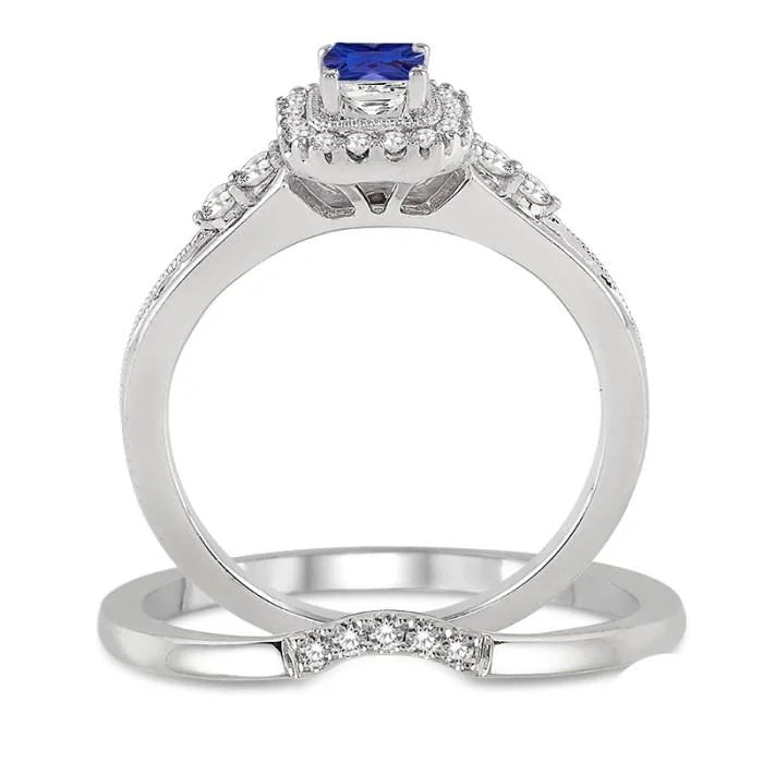 10k White Gold Princess Cut Sapphire And Moissanite Bridal Set Ring K101