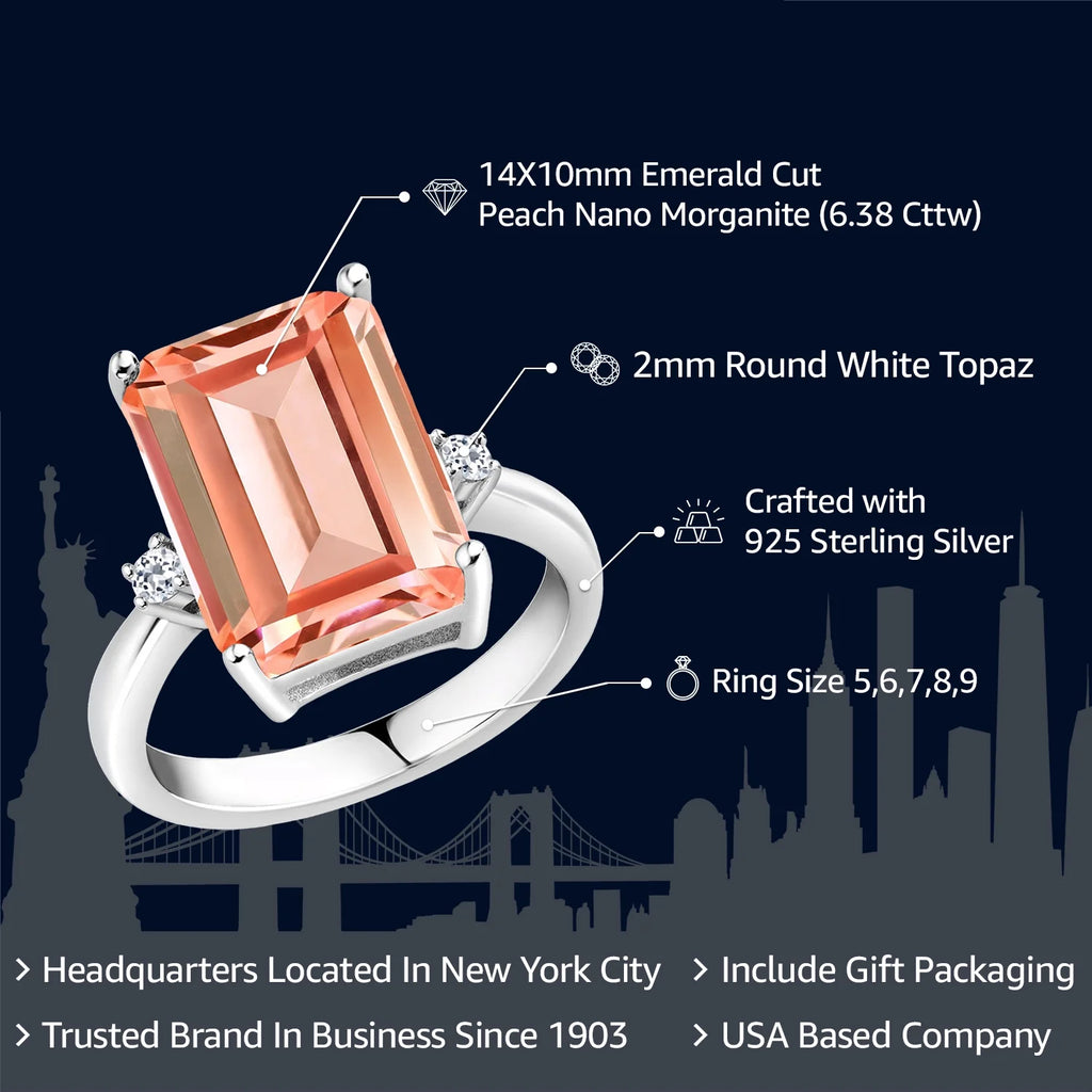 925 Sterling Silver Peach Nano Morganite and White Topaz Ring T858702