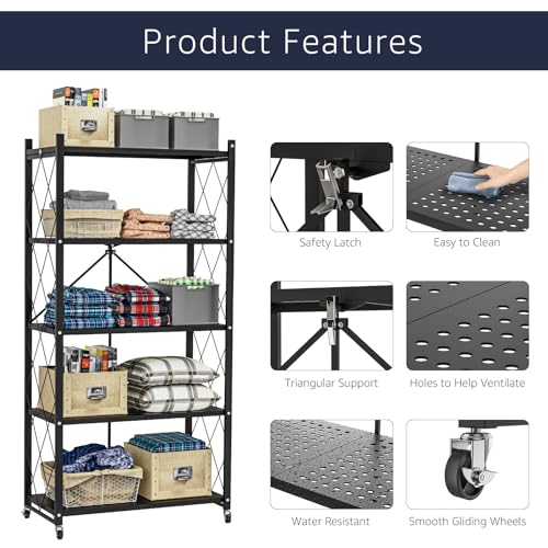 4-Tier Foldable Metal Storage Shelf with Wheels - Black X47819