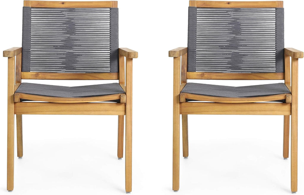 Outdoor Acacia Wood Dining Chair with Rope Seating (Set of 2), Teak and Dark Gray C33235