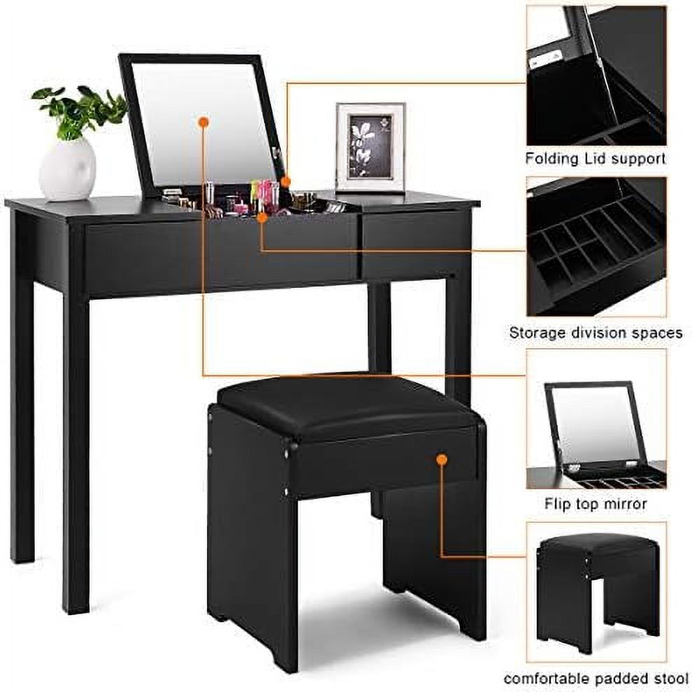 Black Vanity Set with Flip Top Mirror and Cushioned Stool H8893