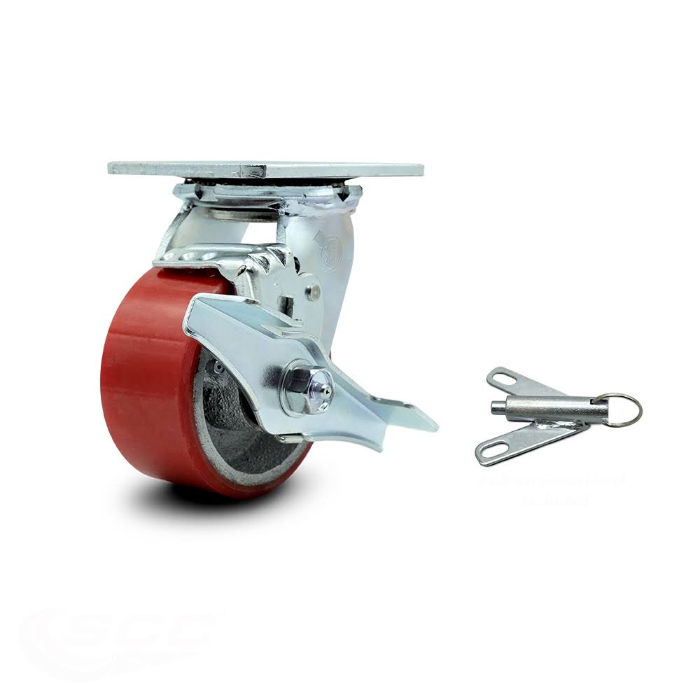 4 inch Red Poly Cast Iron Caster with Brake and Swivel Lock H371