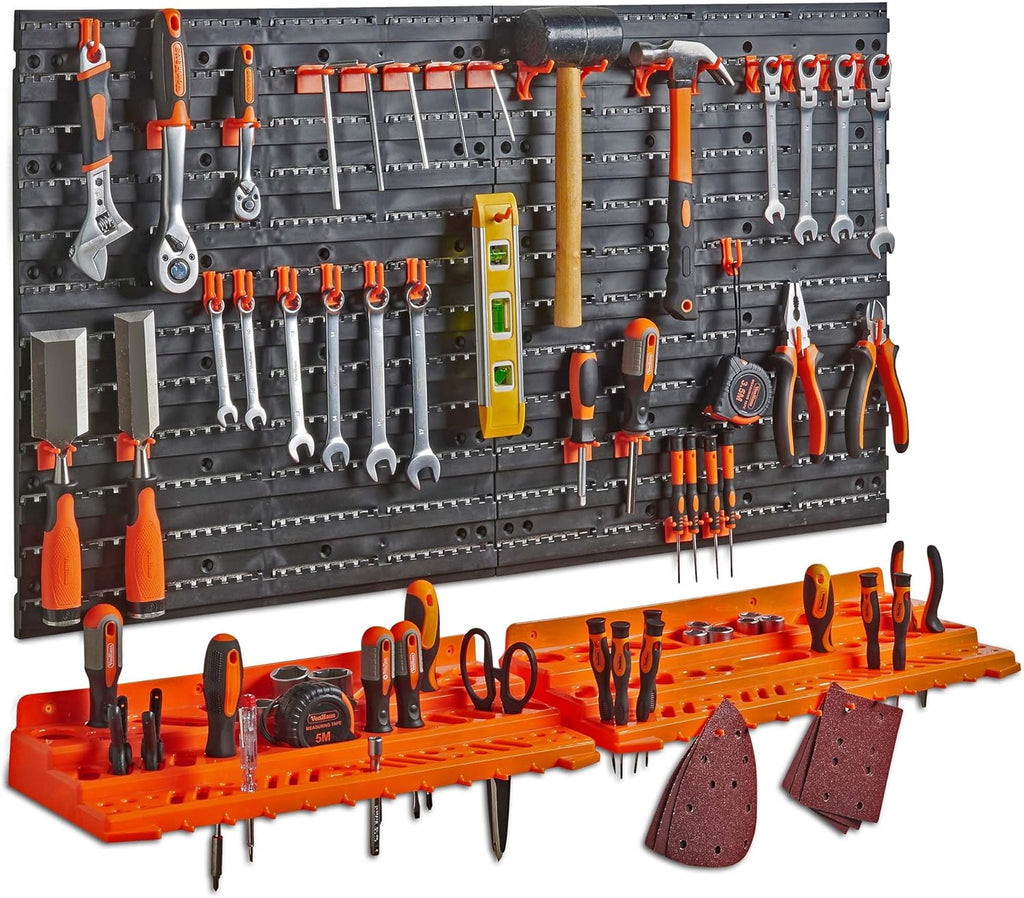 50 Piece Wall Mounted Plastic Pegboard and Shelf Tool Organizer with 50 Assorted Hook Accessories I5765
