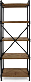 Industrial Iron 5 Shelf Firwood Bookcase, Gray and Pewter Finish E55906