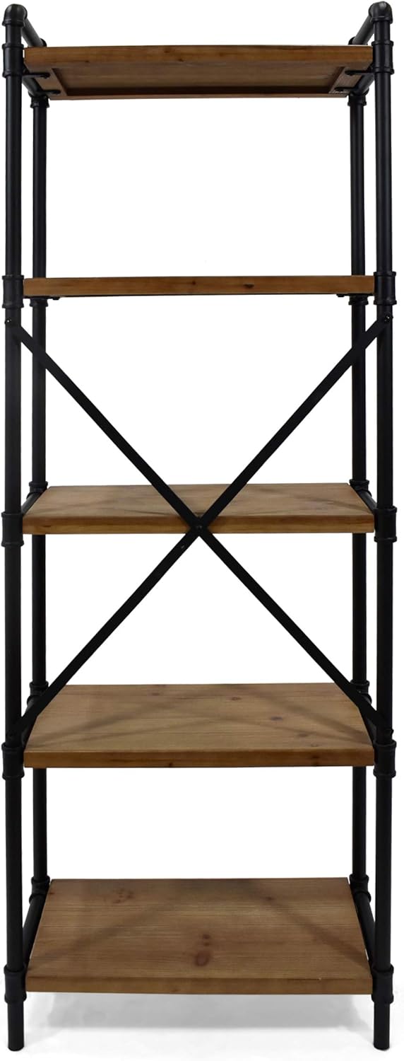 Industrial Iron 5 Shelf Firwood Bookcase, Gray and Pewter Finish E55906