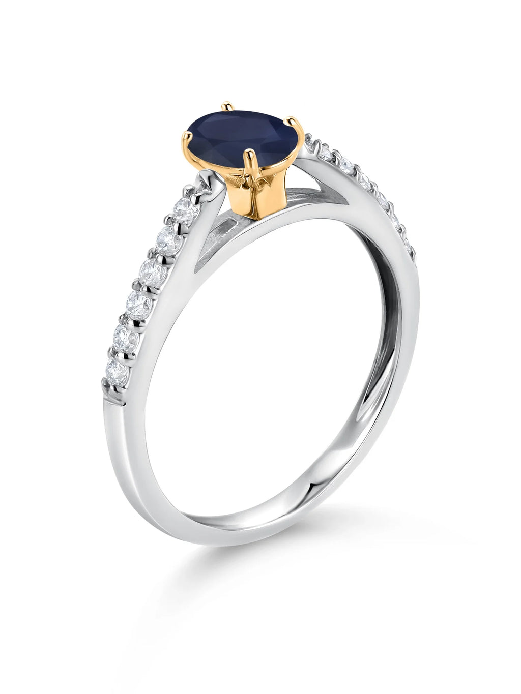 925 Sterling Silver 10K Yellow Gold Blue Sapphire White Lab Grown Diamond Engagement Ring (0.74 Cttw, Oval 6X4MM) U81020