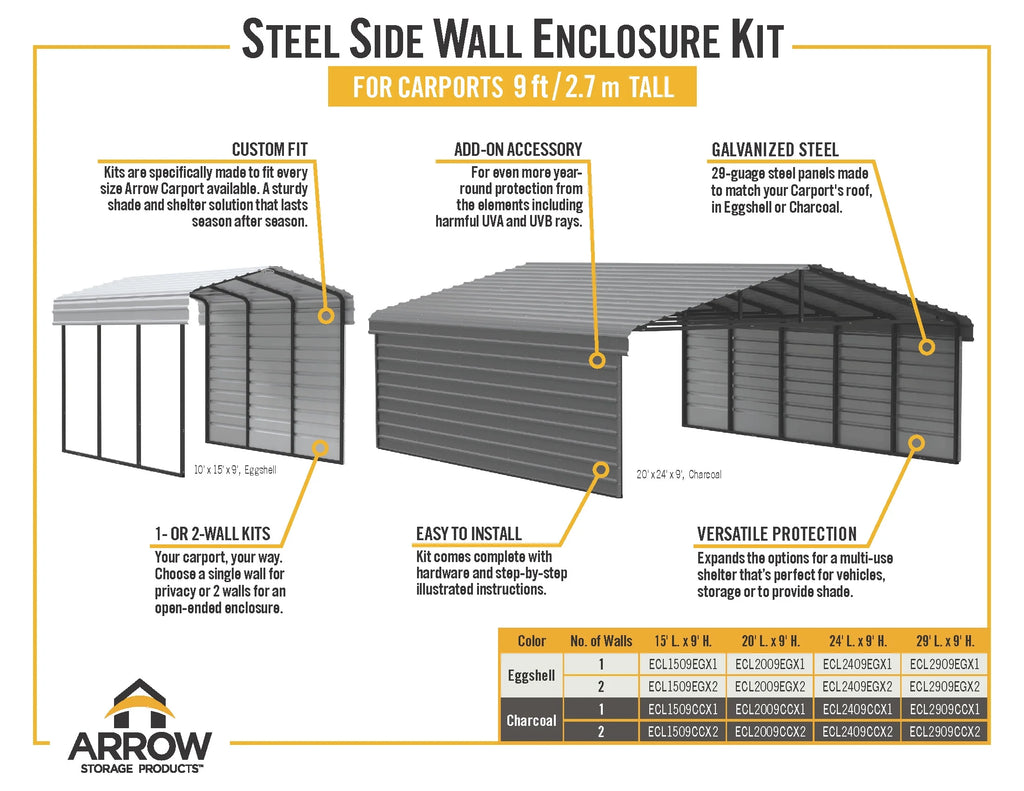 Galvanized Steel Carport Kit with 1-Sided Enclosure, 10' x 29' x 9' C42687
