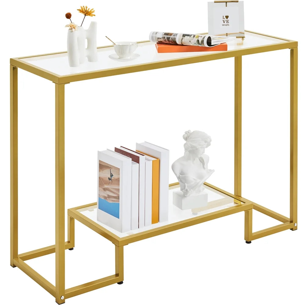 Gold Tempered Glass Console Table with Metal Frame T4429