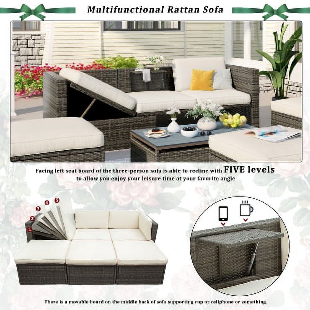 5-Piece Patio Wicker Sofa with Ottomans and Lift Top Coffee Table O7230