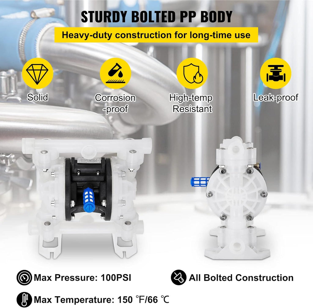 1/2 inch Air-Operated Double Diaphragm Pump 7GPM Max Flow Pneumatic Nitrile 100PSI U8516