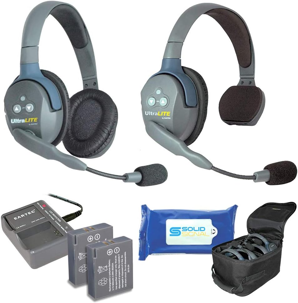Full Duplex Wireless Headset Communication for 4 Users, 1 Single Ear and 3 Dual Ear Headsets with Cleaning Wipes Bundle B51296