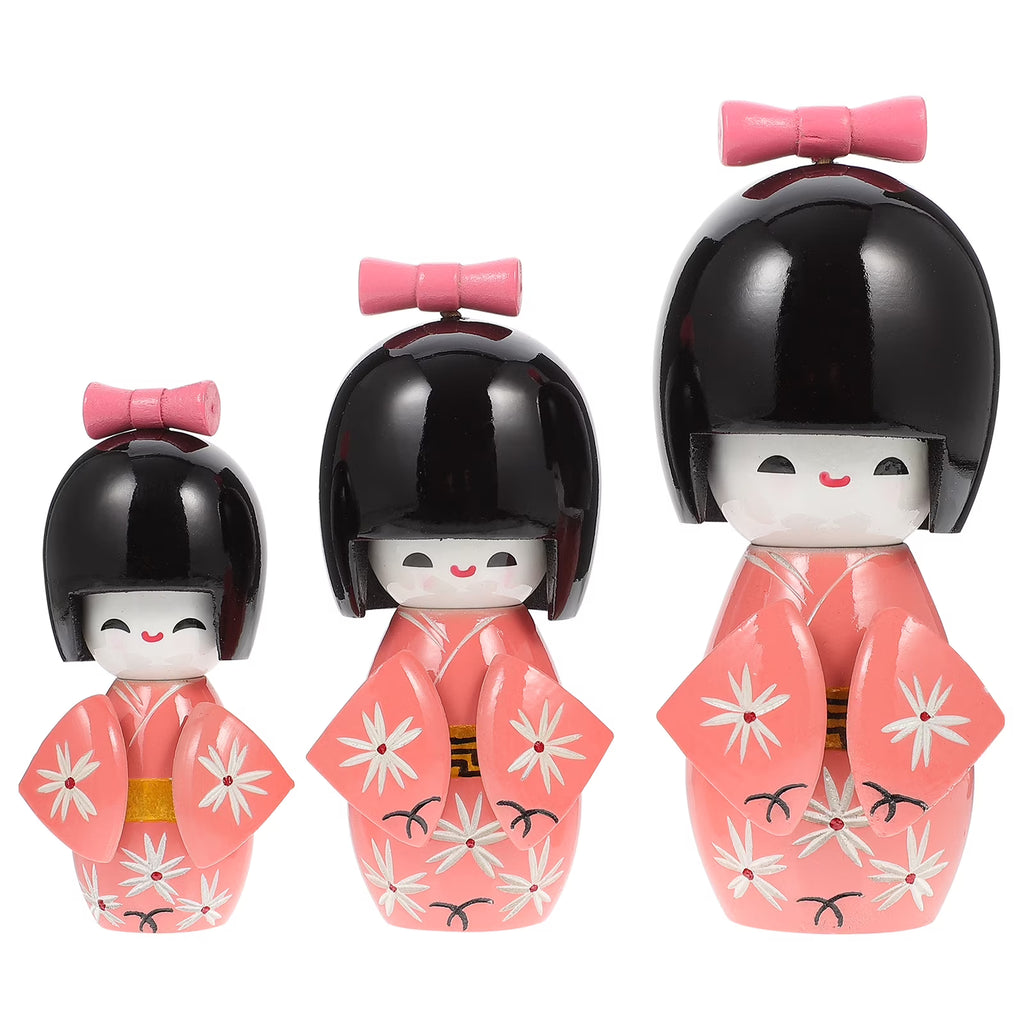 3 Pcs Japanese Wooden Antique Dolls Desktop Figurine X8832