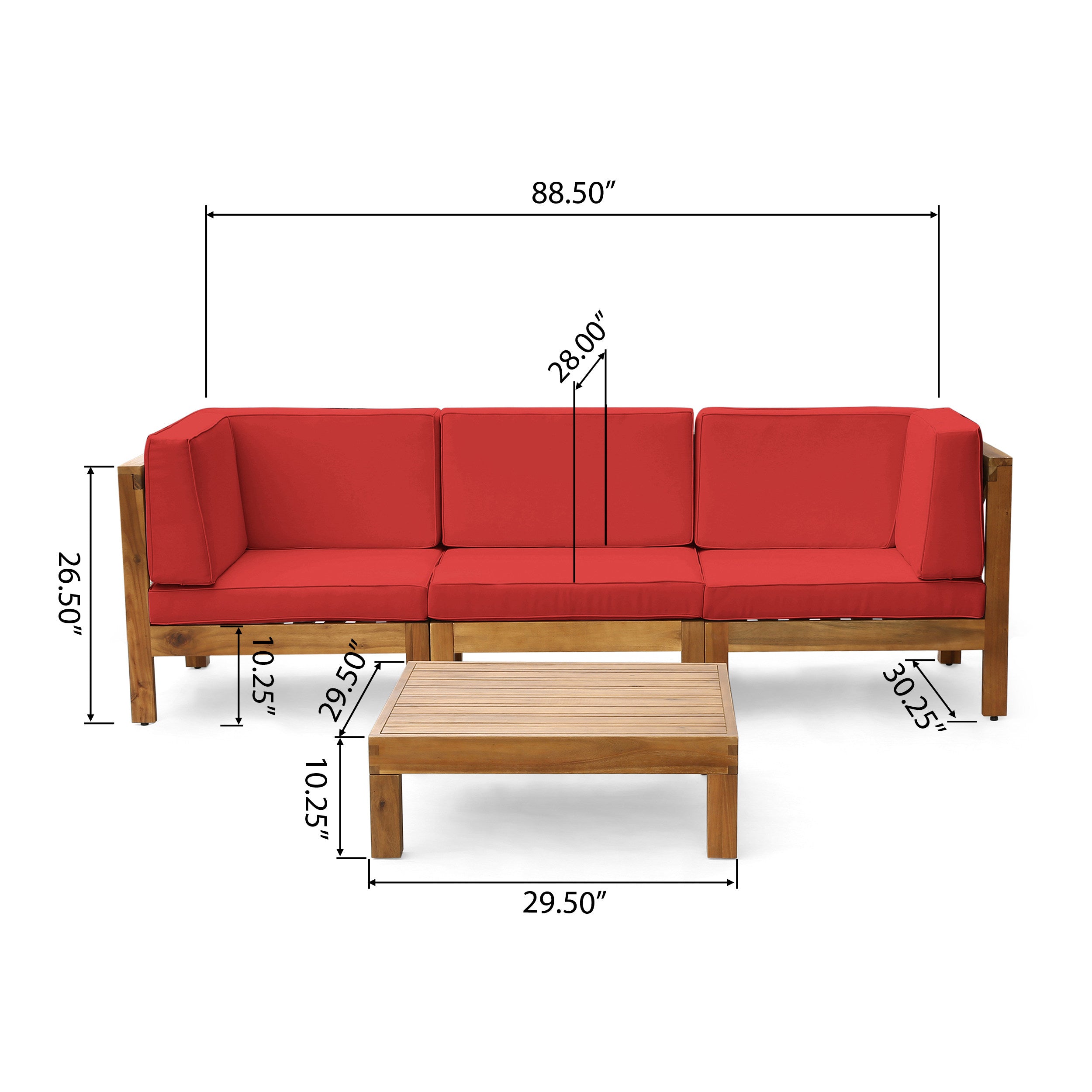 Red and Teak Acacia Wood Sofa and Coffee Table Set Y425