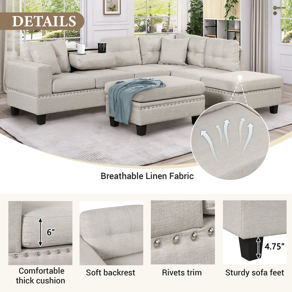 Light Gray Sectional Sofa with Storage Ottoman and Cup Holder Y99821