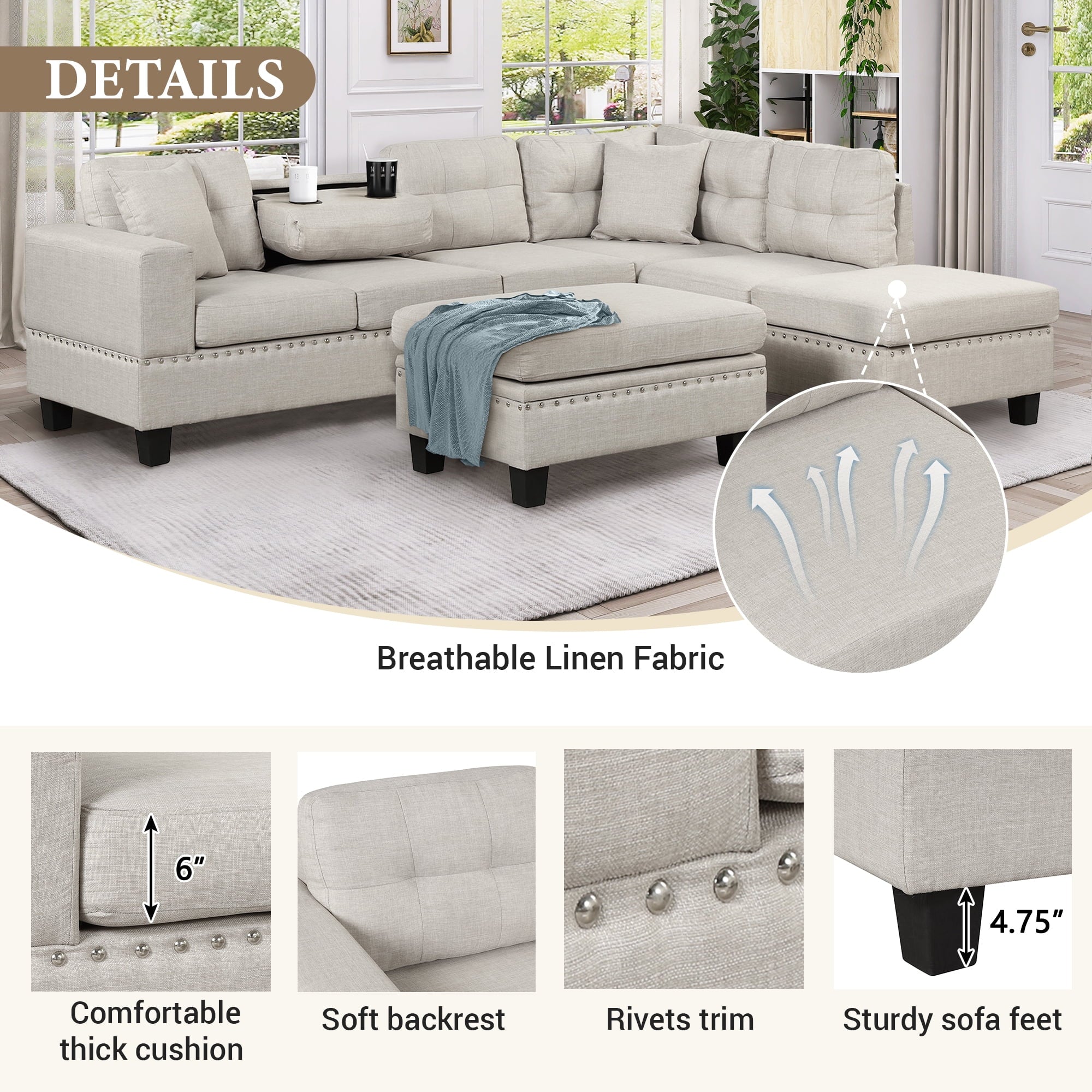 Light Gray Sectional Sofa with Storage Ottoman and Cup Holder Y99821
