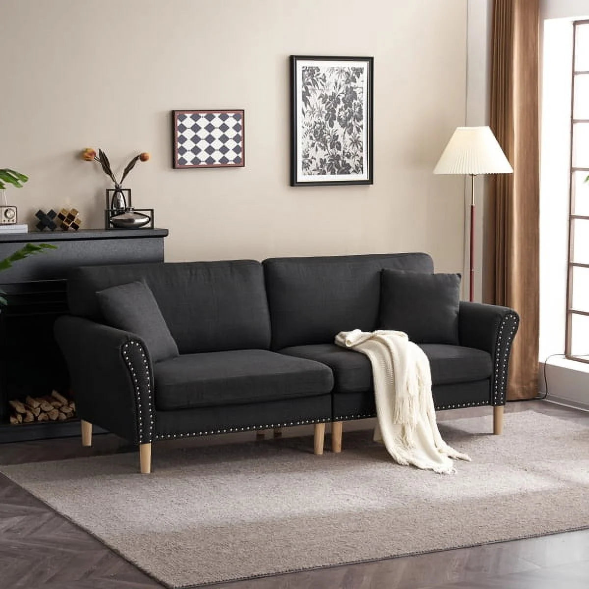 Black Upholstered 2-Seat Loveseat Sofa with 2 Pillows T828