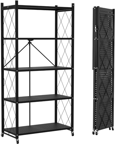 4-Tier Foldable Metal Storage Shelf with Wheels - Black X47819