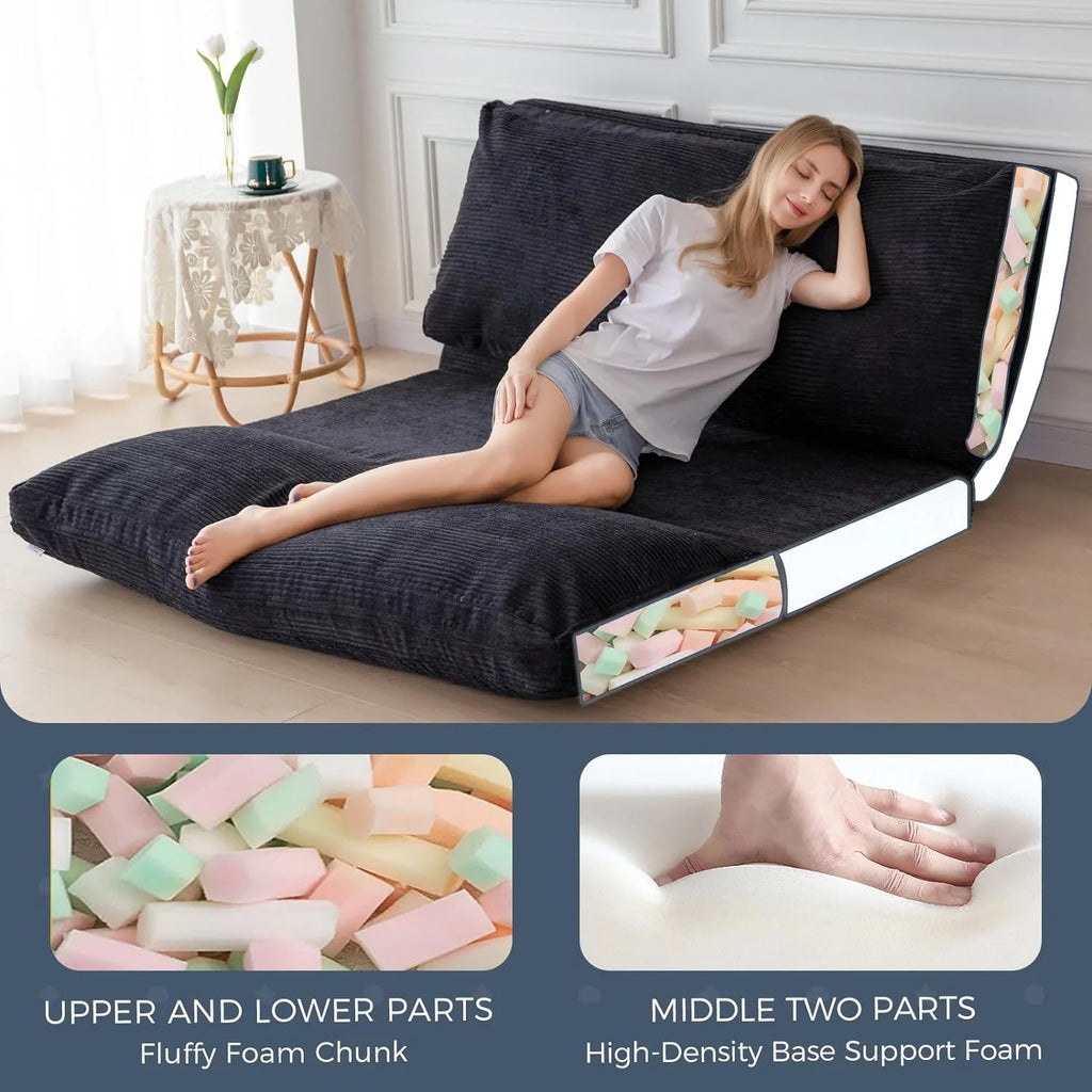 Black Corded Washable Bean Bag Bed Folding Sofa Bed Floor Mattress, 39x95 Inch L652