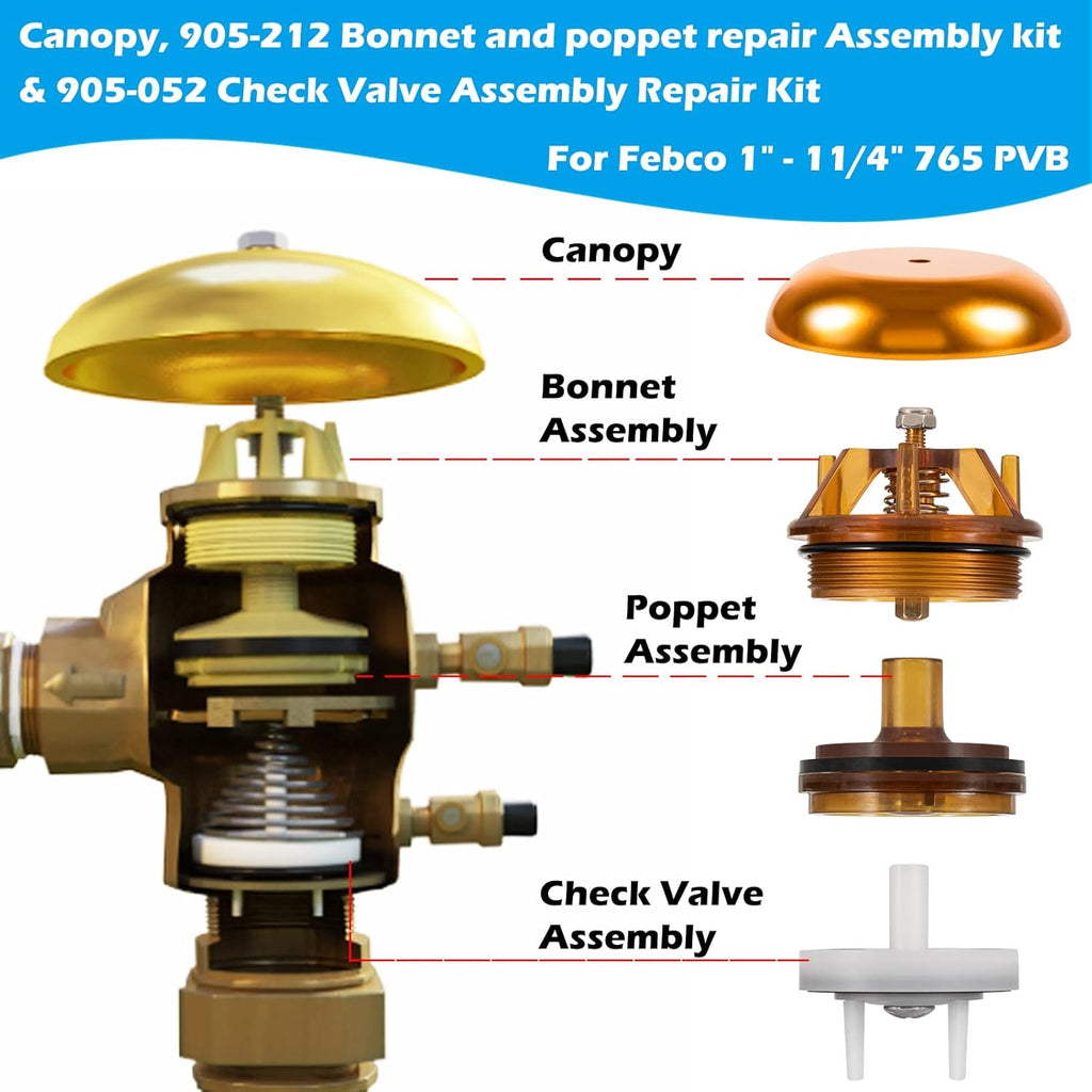 905-212 Bonnet and Poppet Repair Kit & 905-052 Check Valve Assembly Repair Kit & Canopy for Febco 765EBV 1" & 1-1/4" 765 Backflow Preventer and Vacuum Breaker Pack of 2 H190921