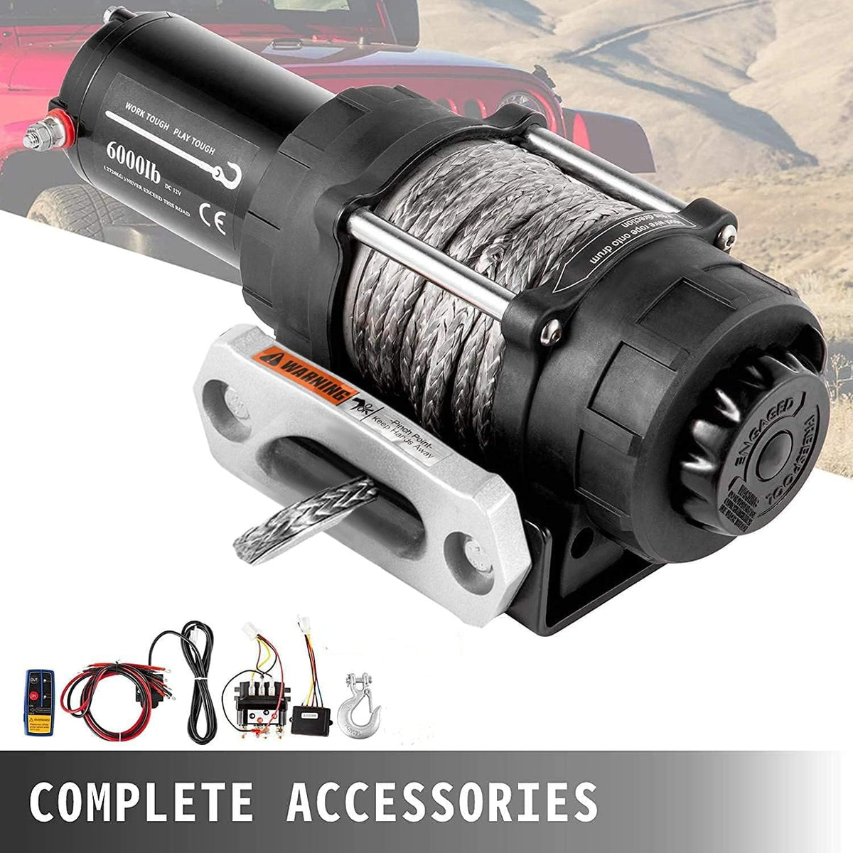 Electric Winch 6000lb Load Capacity Synthetic Rope with Wireless Remote Control L39941