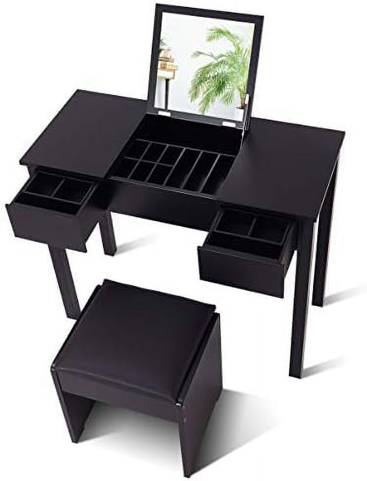 Black Vanity Set with Flip Top Mirror and Cushioned Stool H8893