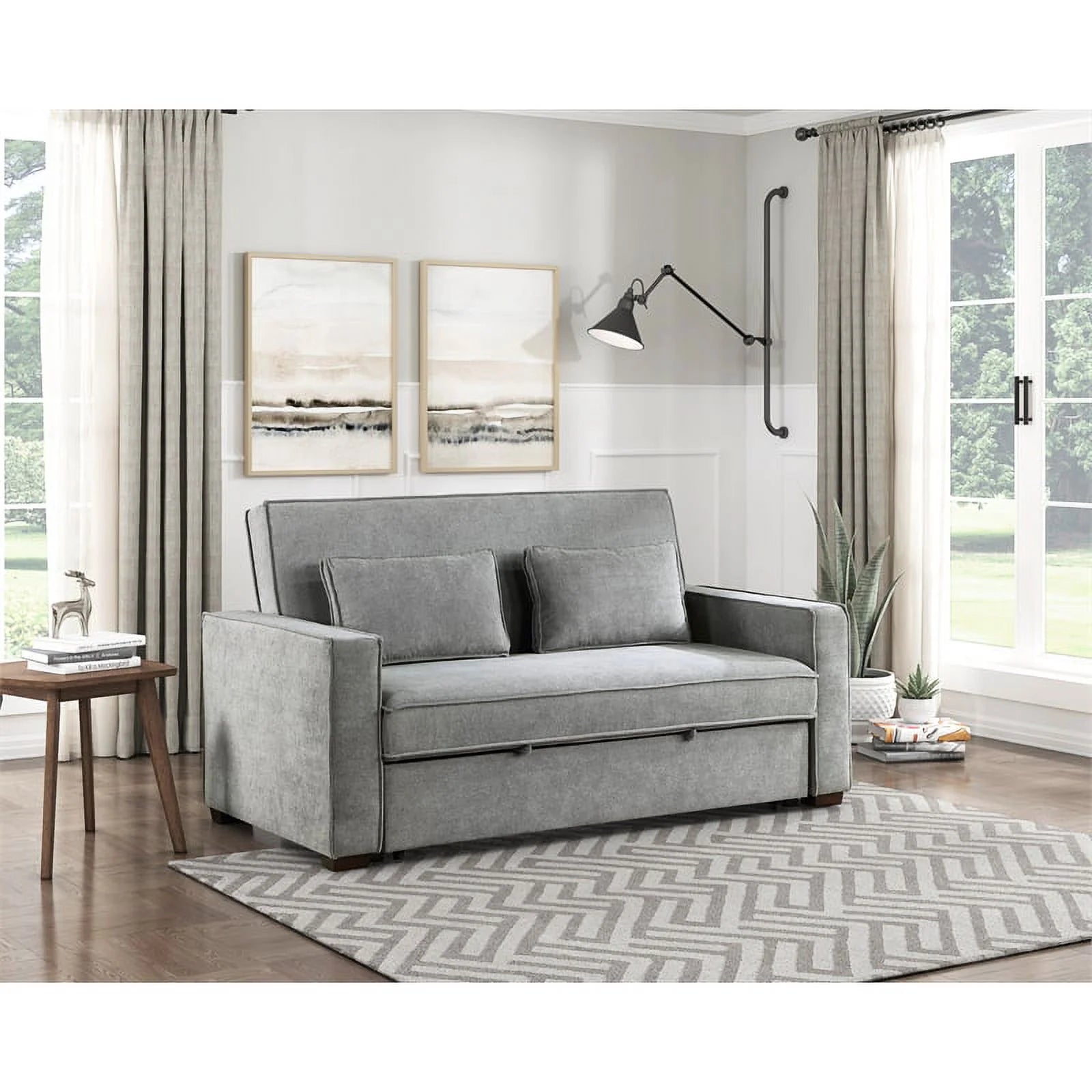 Gray Fabric Upholstered Convertible Sofa with Pull Out Bed E827