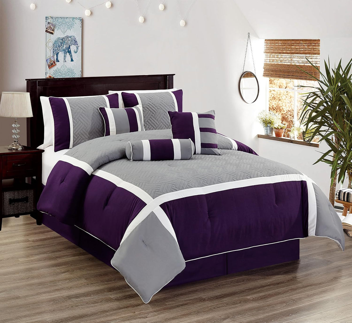 7 Piece Embroidered Over-Sized Comforter Set Queen Purple Grey B88869