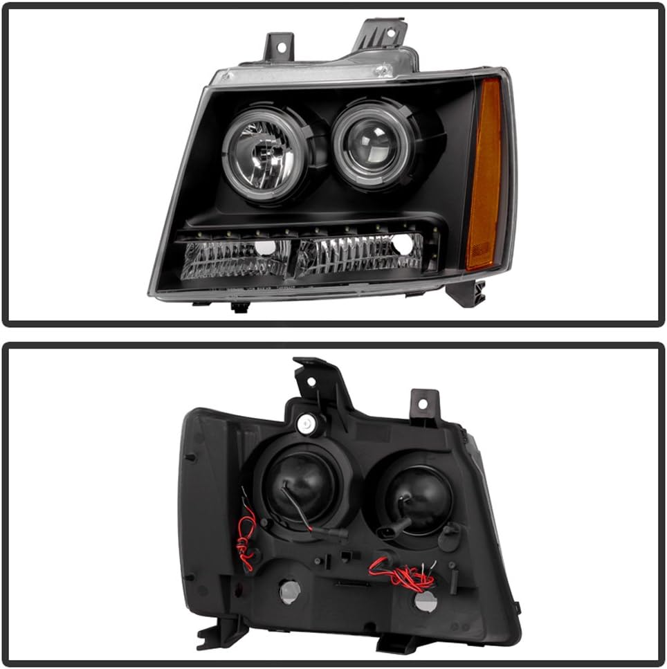 Black 2007-2013 Chevy Suburban Tahoe Avalanche LED DRL Halo Projector Headlights Driver + Passenger Side D5904