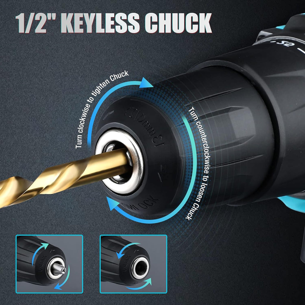 20V Cordless Drill Driver Set with 1/2” Keyless Chuck, 16pcs Drill Bits, Pack of 2 S252