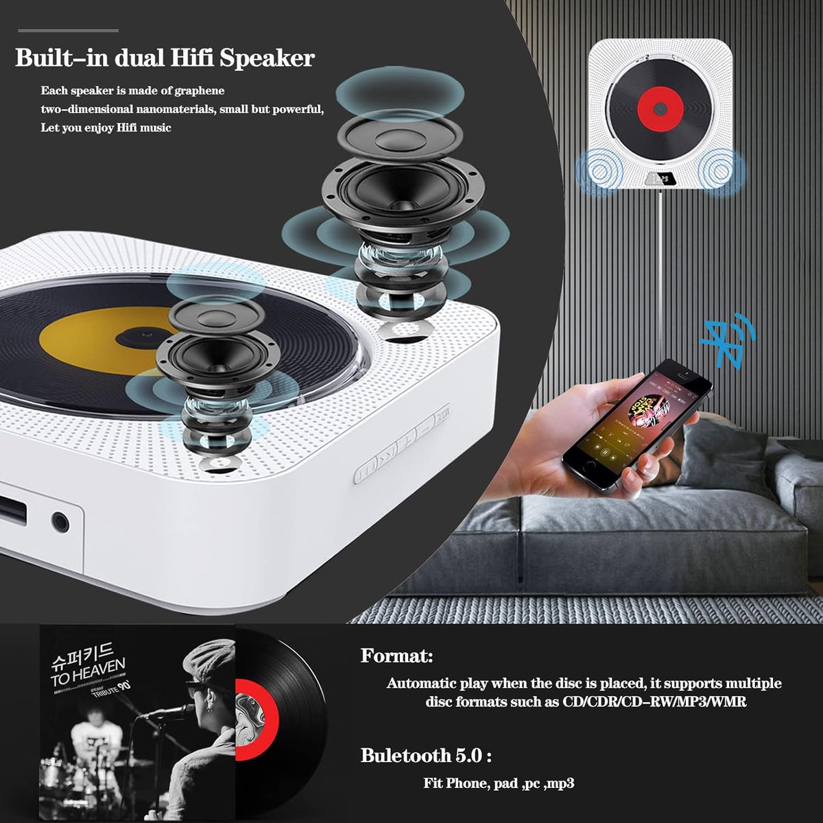 Portable CD Player with Bluetooth, FM Radio, Built-in Speakers, USB Port, AUX Input, LCD Display, Pack of 2 W94435