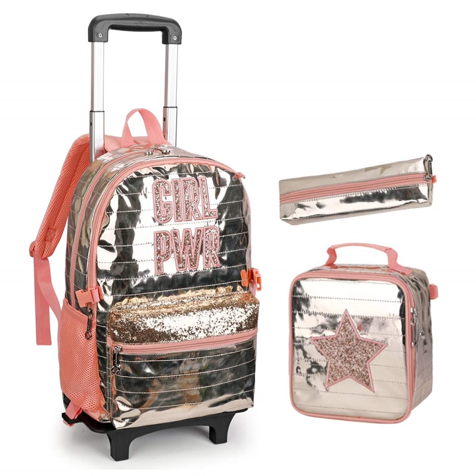 Golden Star Kids Rolling Backpack 3pcs Set with Lunch Bag Pen Case B6532