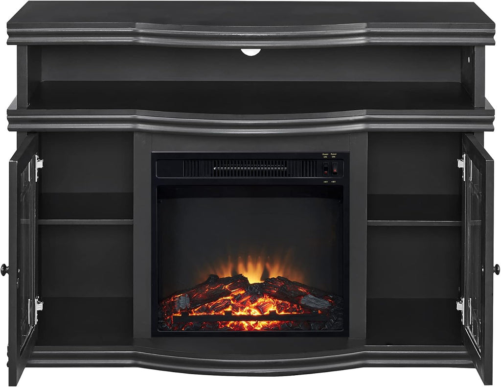Black Electric Fireplace TV Stand with Two Tempered Glass Storage Cabinet and Adjustable Shelves L7495