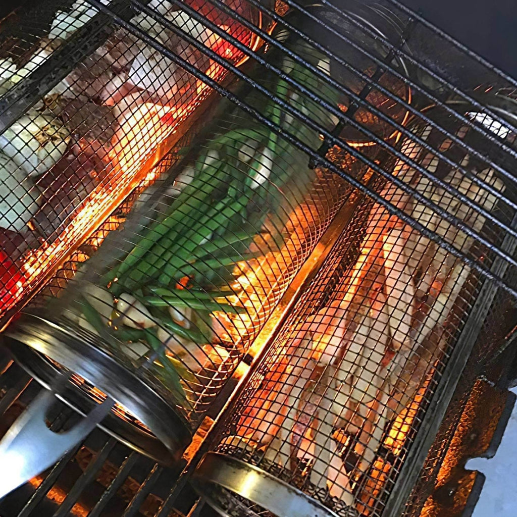2Pcs Portable BBQ Rolling Basket Round Stainless Steel Grill Mesh with Removable Cover Z897542