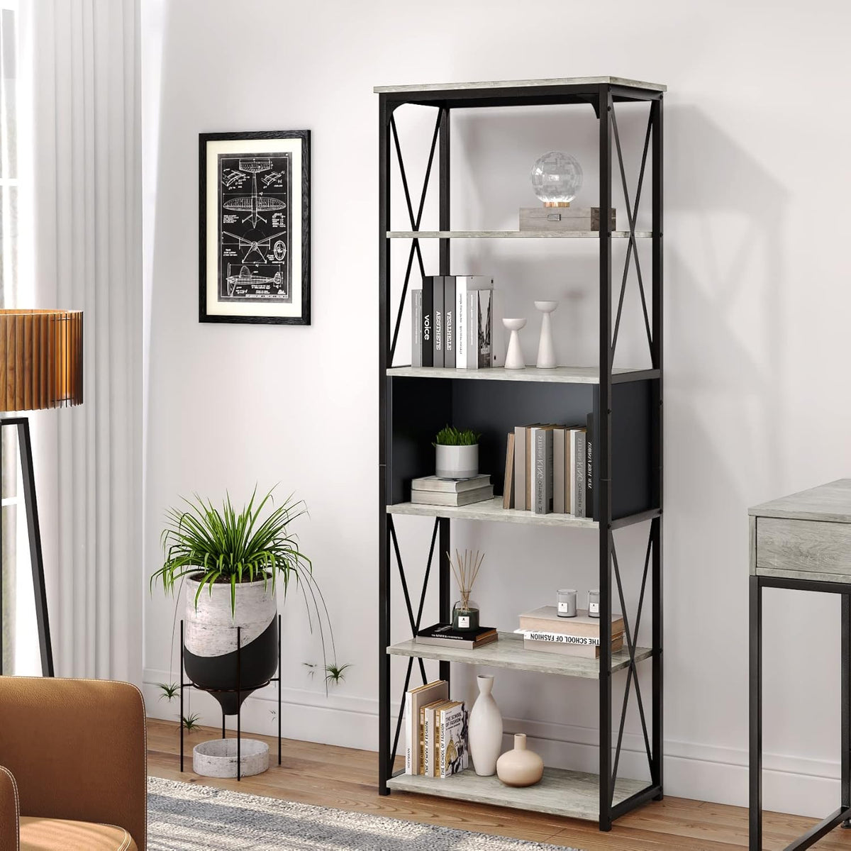Industrial 5 Tier Open Shelf Bookcase, Wash White and Black V25251