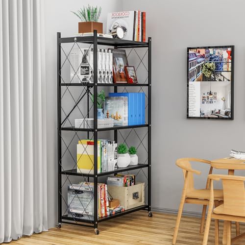 4-Tier Foldable Metal Storage Shelf with Wheels - Black X47819