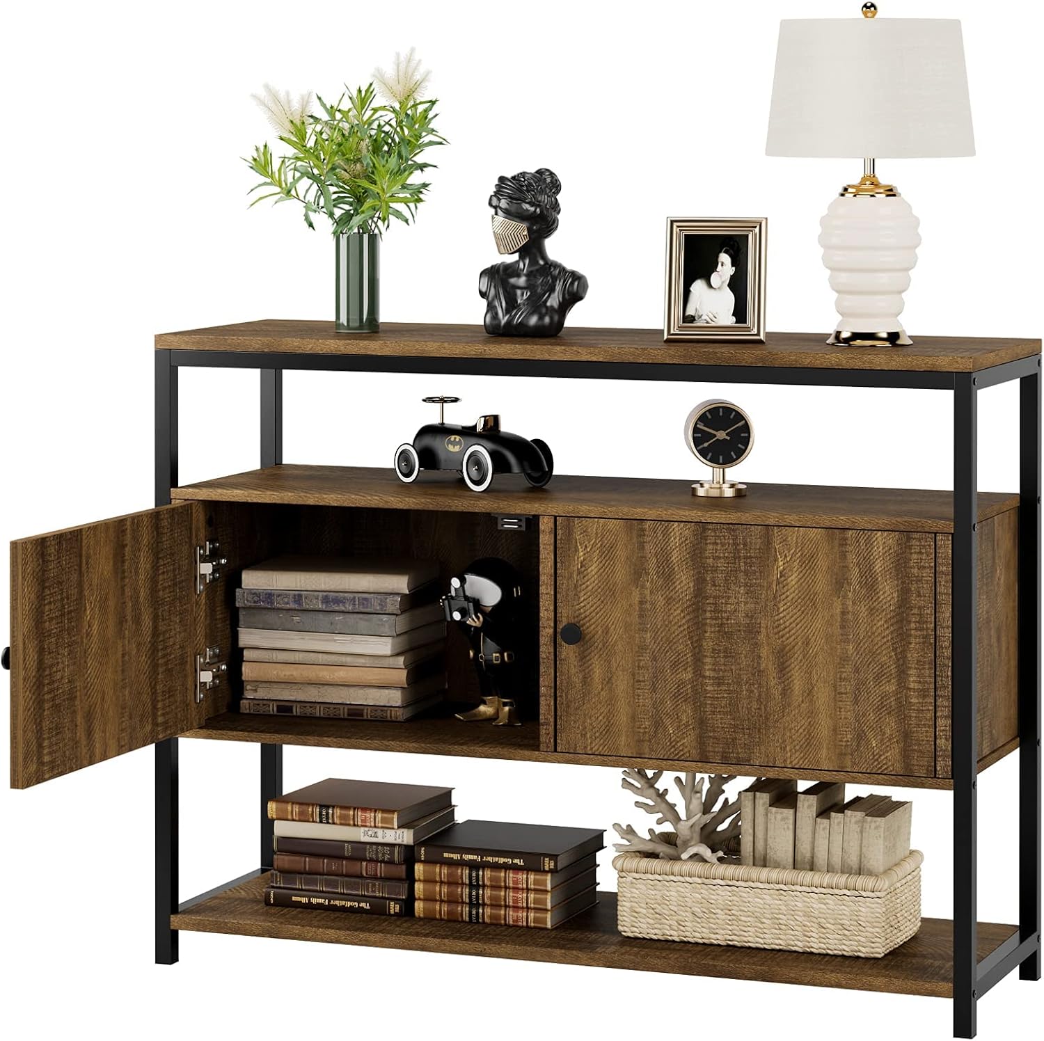 Walnut Brown 3-Tier Console Table with 2 Cabinet Doors R1657