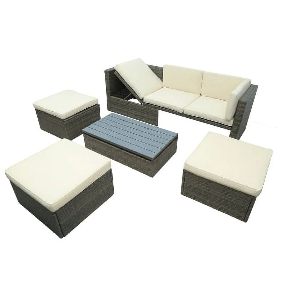 5-Piece Patio Wicker Sofa with Ottomans and Lift Top Coffee Table O7230