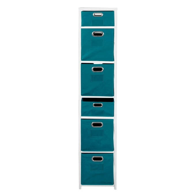 White Teal Square Folding Bookcase with Fabric Bins F305