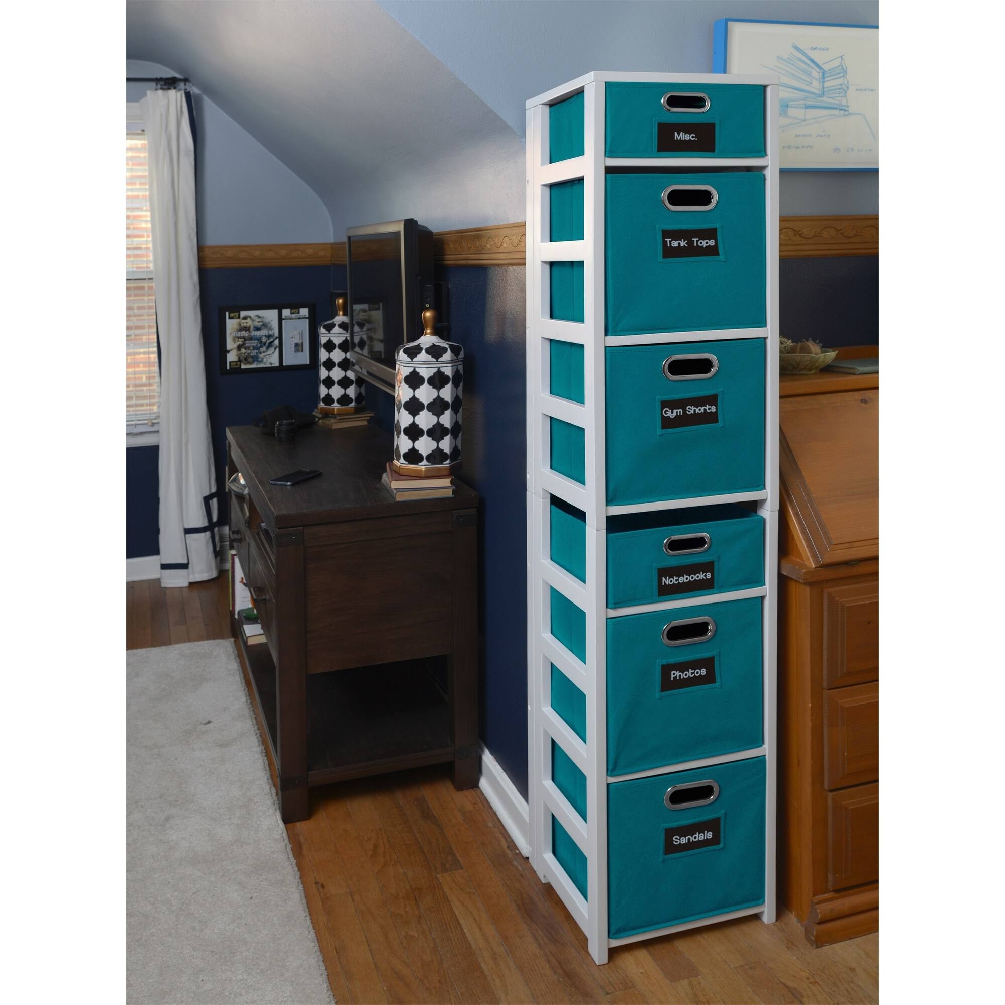 White Teal Square Folding Bookcase with Fabric Bins F305