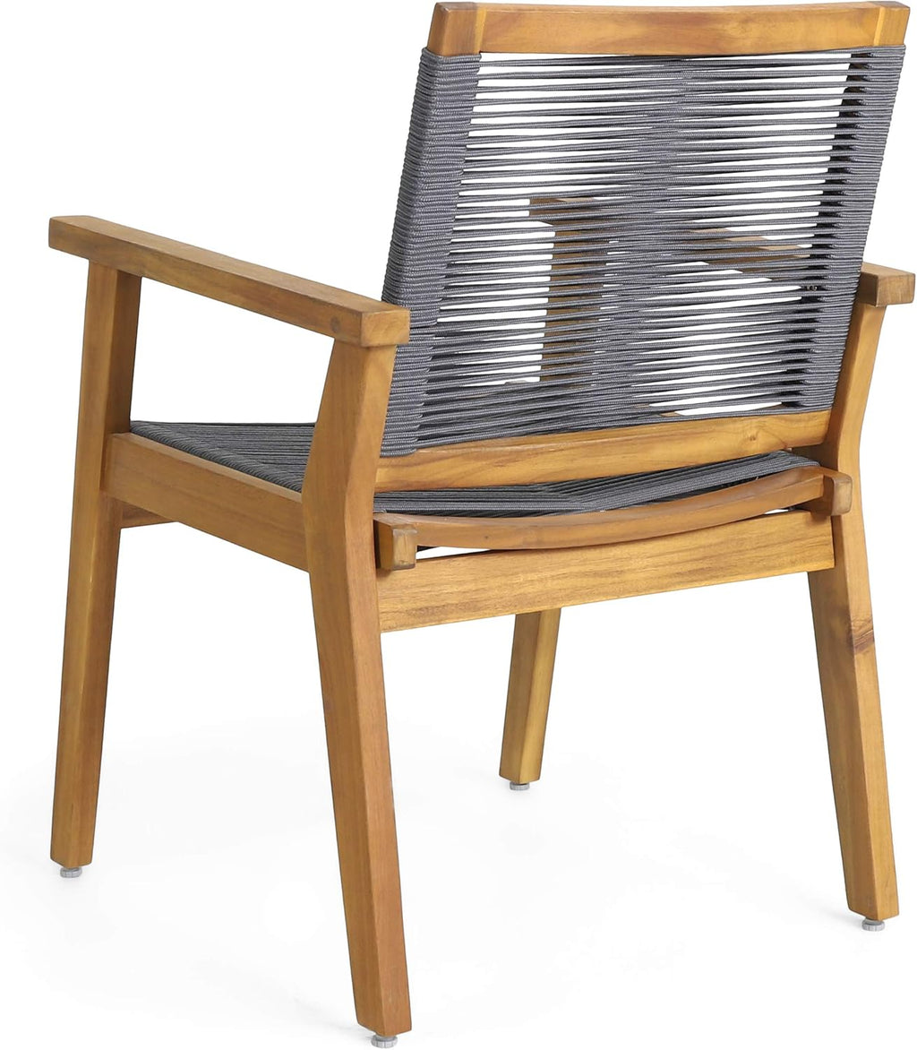 Outdoor Acacia Wood Dining Chair with Rope Seating (Set of 2), Teak and Dark Gray C33235