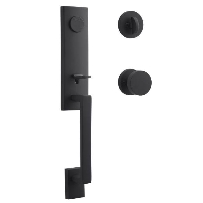 Satin Black Full Dummy Handleset with Contemporary Knob and Round Rose G935