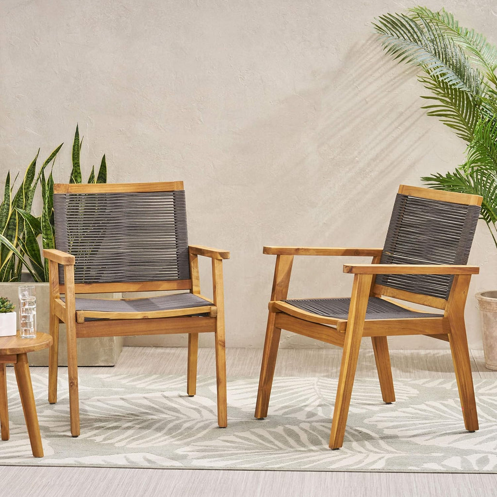 Outdoor Acacia Wood Dining Chair with Rope Seating (Set of 2), Teak and Dark Gray C33235