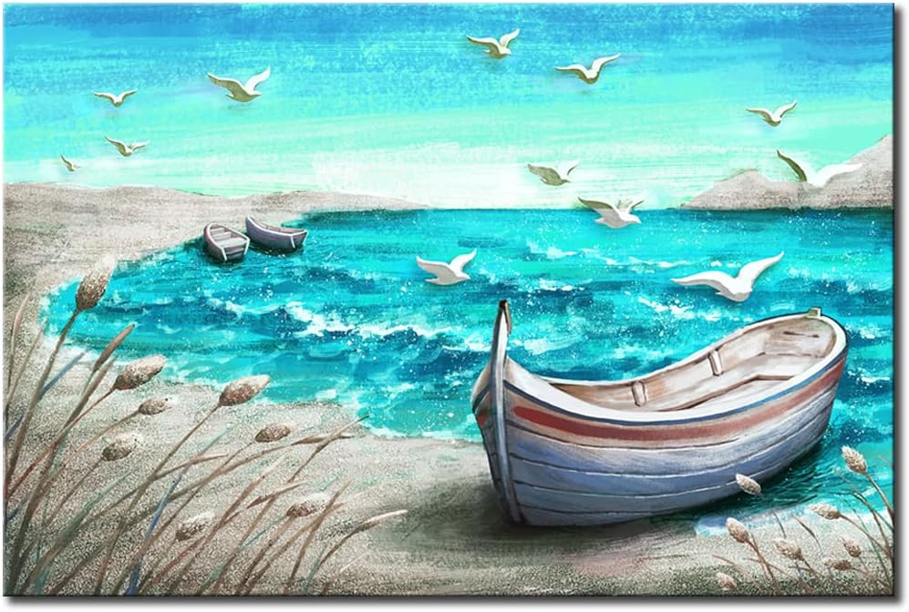 Canvas Wall Art Abstract Ocean Boat Painting Seascape Picture Prints Stretched and Framed 16x24Inch D4532