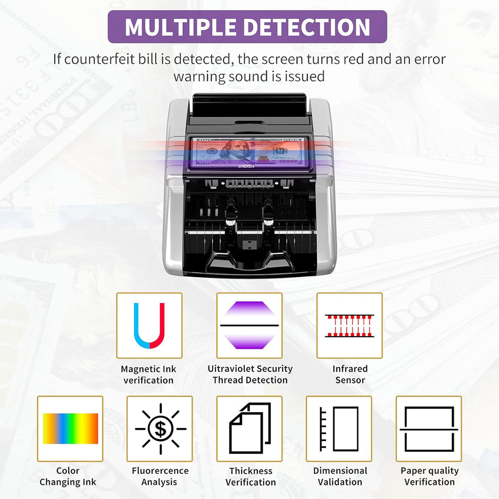 Money Counter Machine with UV/MG/IR/DD Counterfeit Detection, LCD Display, 1000 Bills/Min P18100