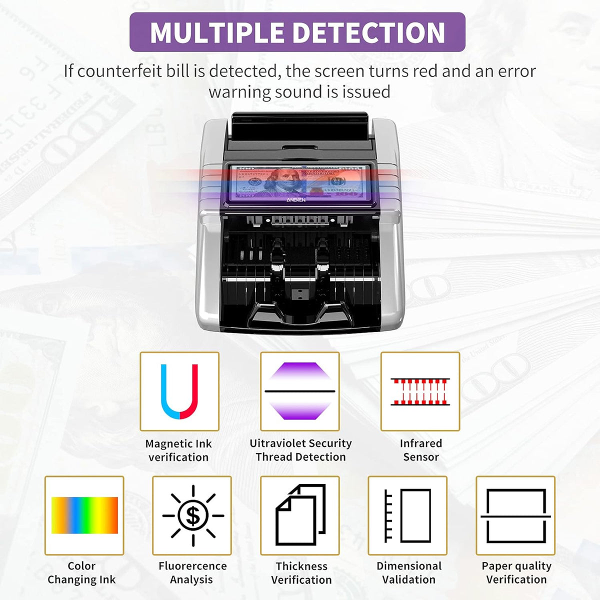 Money Counter Machine with UV/MG/IR/DD Counterfeit Detection, LCD Display, 1000 Bills/Min P18100