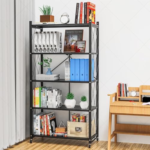 4-Tier Foldable Metal Storage Shelf with Wheels - Black X47819