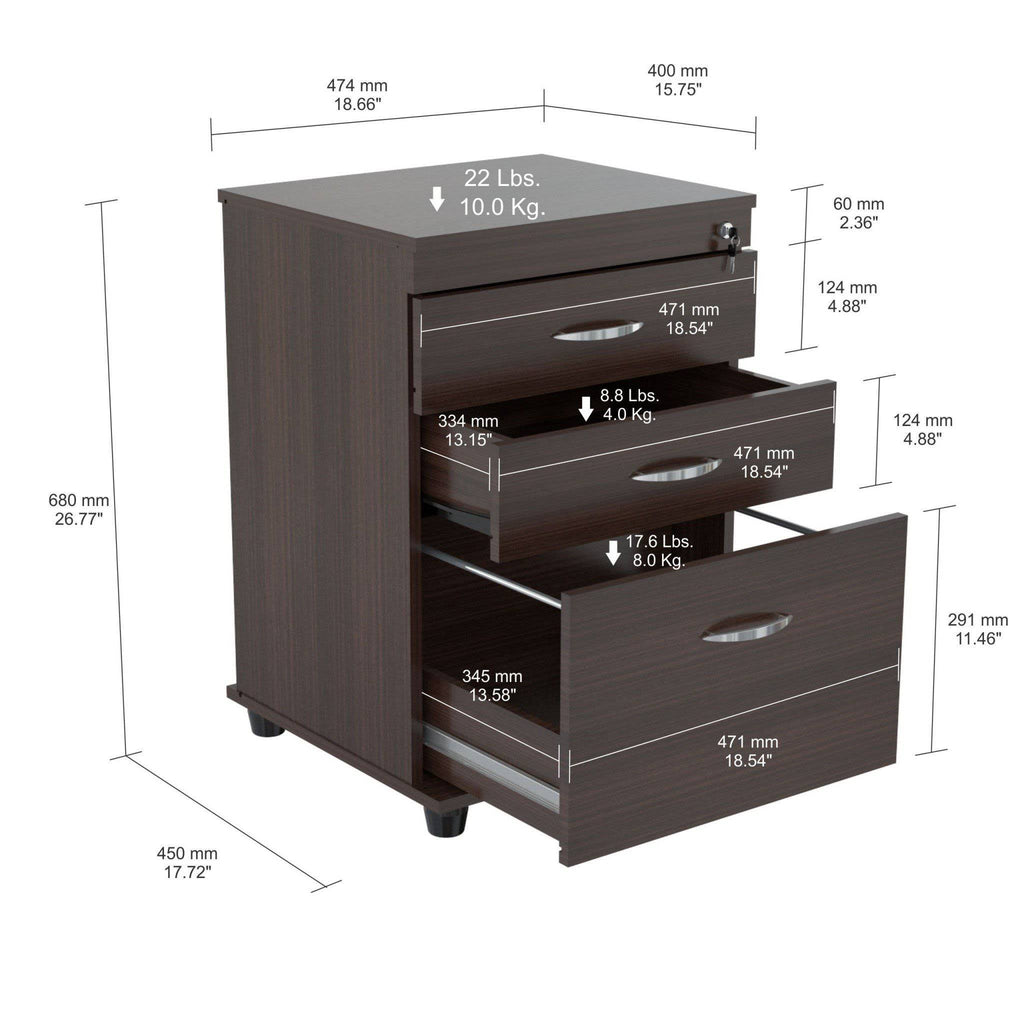 Espresso Melamine and Engineered Wood File Cabinet with 3 Drawer Y578