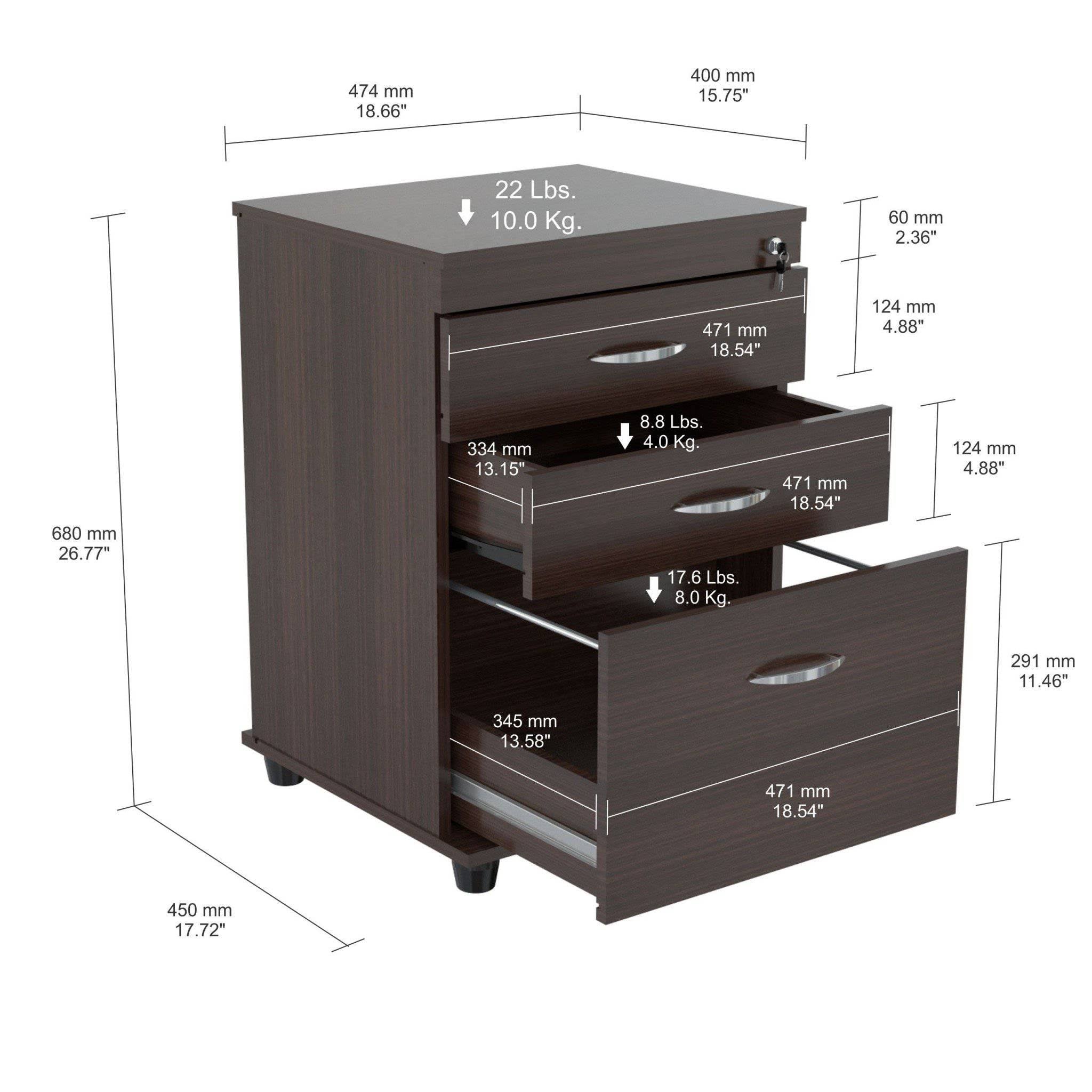 Espresso Melamine and Engineered Wood File Cabinet with 3 Drawer Y578